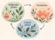 Symbolic menstrual cycle illustration showing the follicular phase, ovulation, and luteal phase, with a period within the follicular phase.