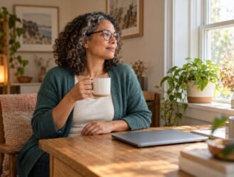 Woman with glasses pausing beside a home-office window, holding a mug next to a closed laptop.