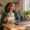 Woman with glasses pausing beside a home-office window, holding a mug next to a closed laptop.