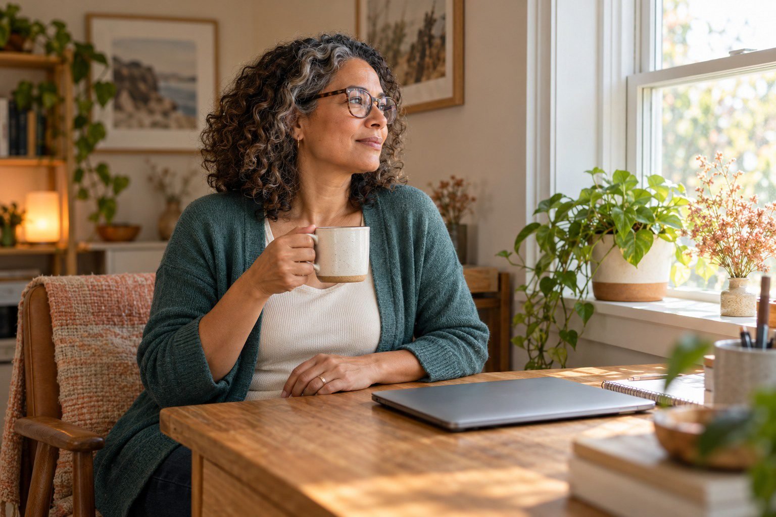 Woman with glasses pausing beside a home-office window, holding a mug next to a closed laptop.