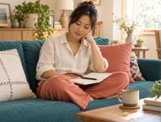 Woman looking at an open notebook while sitting on a teal sofa in a sunlit room.