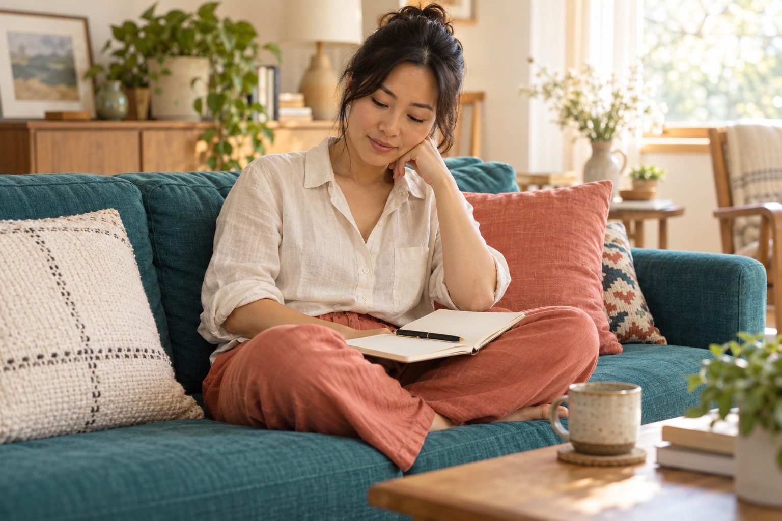 Woman looking at an open notebook while sitting on a teal sofa in a sunlit room.