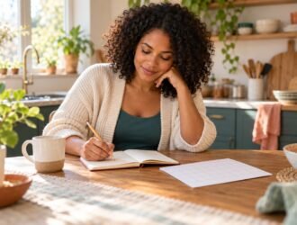 Woman writing in a notebook beside a paper calendar at a sunlit kitchen table.