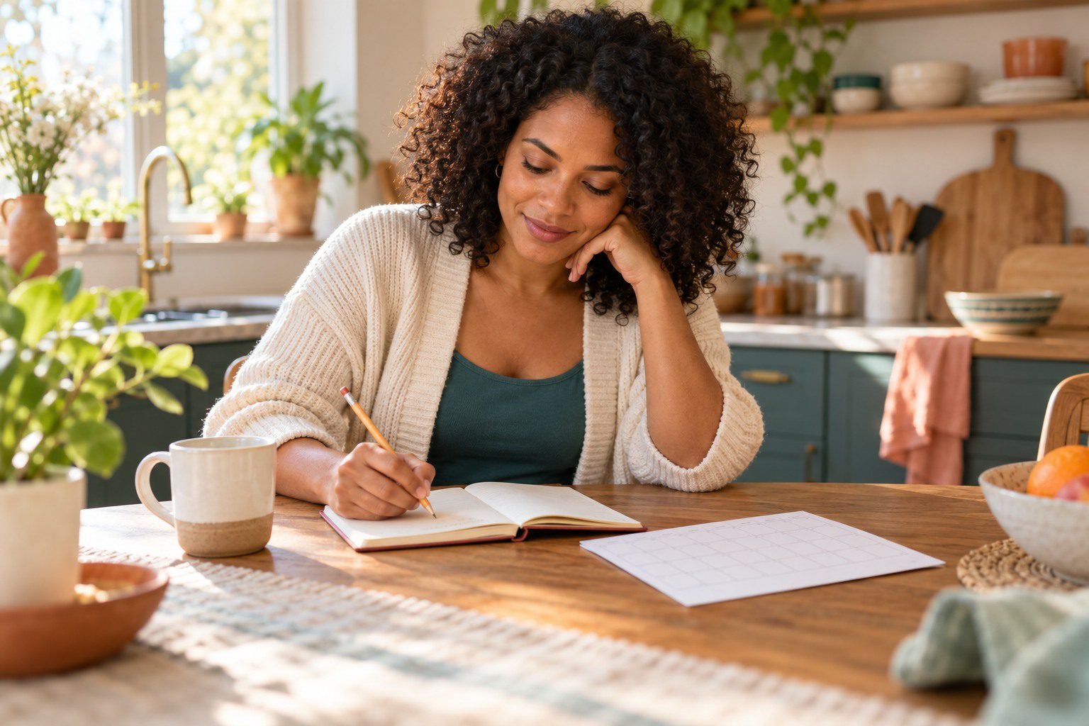Woman writing in a notebook beside a paper calendar at a sunlit kitchen table.