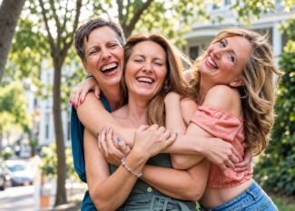 Three friends laughing and embracing on a leafy street.