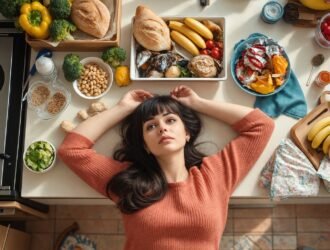 Overhead view of a woman reclining beside a kitchen counter arranged with assorted foods.