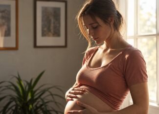 Pregnant woman resting her hands on her belly beside a window.