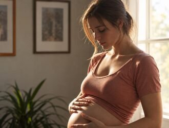 Pregnant woman resting her hands on her belly beside a window.