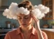 Woman touching her temple beside staged cotton cloud props in a kitchen.