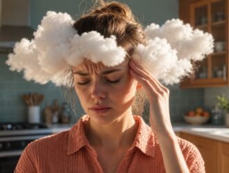 Woman touching her temple beside staged cotton cloud props in a kitchen.