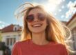 Woman wearing sunglasses outdoors with wind in her hair.