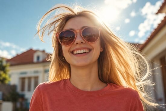 Woman wearing sunglasses outdoors with wind in her hair.