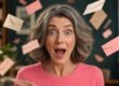 Surprised woman surrounded by blank envelopes in a staged photograph.