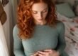 Red-haired woman resting her hands on her abdomen beside a window.