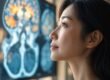 Woman in profile looking toward a softly blurred educational brain display.