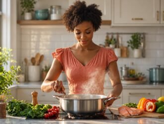Woman stirring a pot beside fresh vegetables and salmon in a sunlit kitchen.