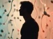 Man in silhouette before a staged installation of abstract sperm-shaped props.