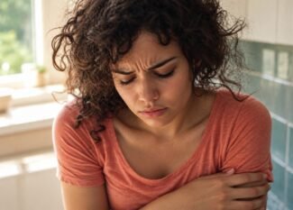Woman seated by a kitchen window with a thoughtful expression.
