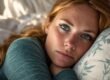 Woman lying awake on her side with her head on a pillow.