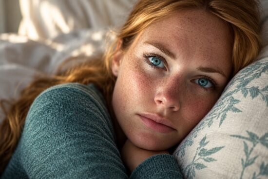 Woman lying awake on her side with her head on a pillow.