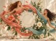Two dancers with flowing coral and teal fabric around a floral hoop installation.