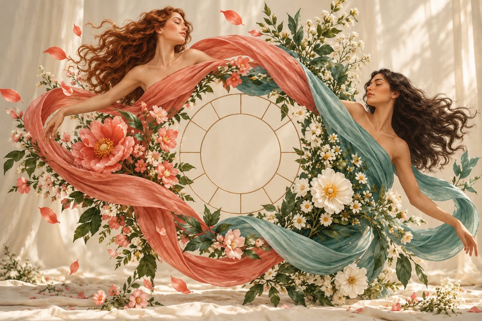 Two dancers with flowing coral and teal fabric around a floral hoop installation.