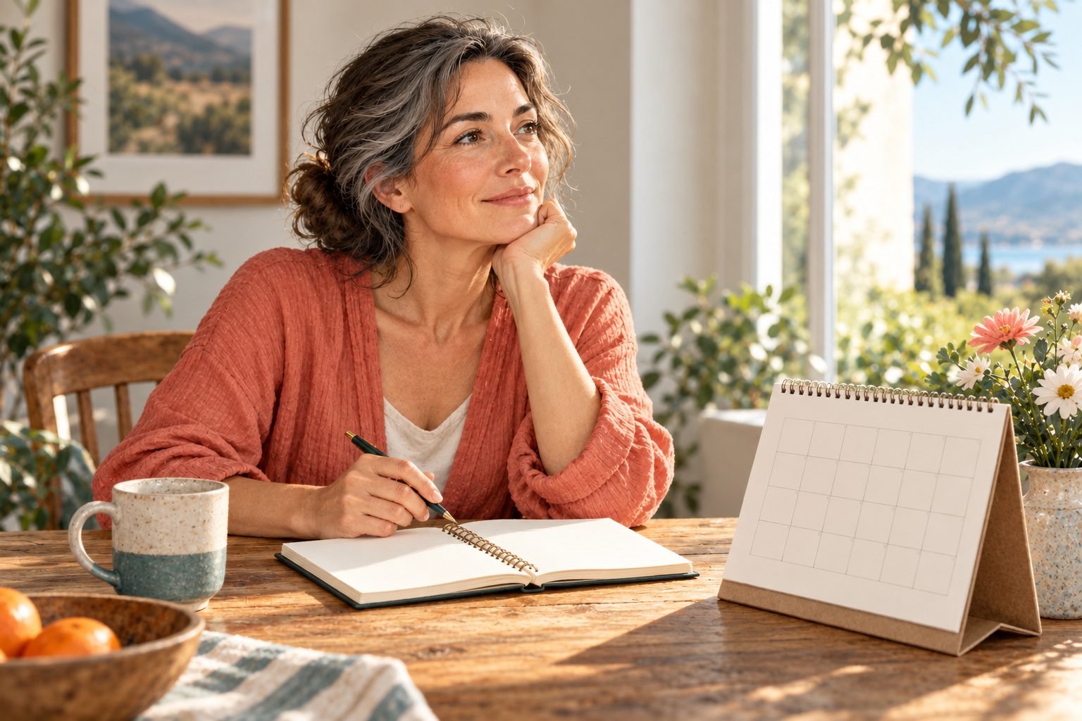 Woman sitting with a notebook, mug and blank calendar beside a sunny window.