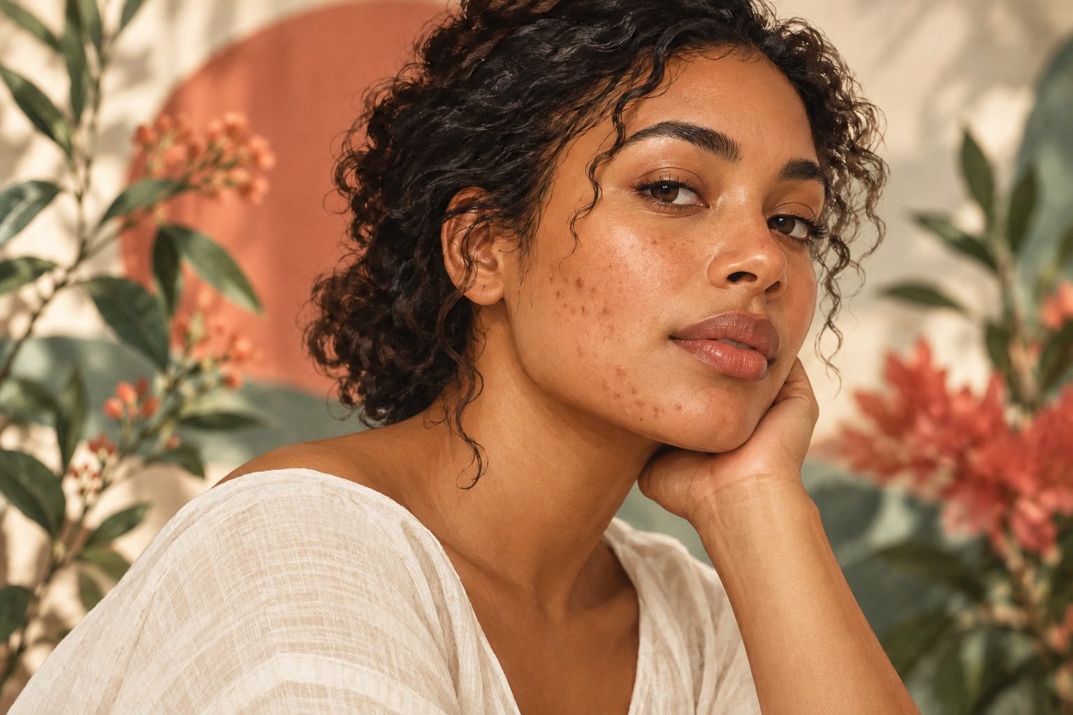 Woman resting her chin on her hand, with natural skin texture and mild blemishes.