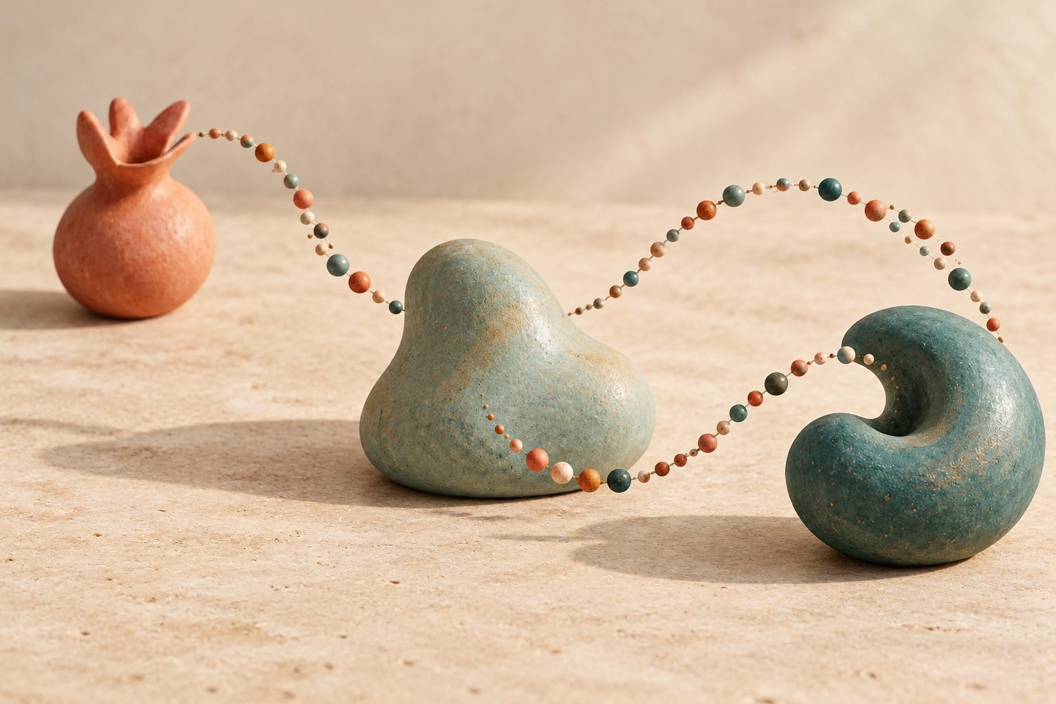 Three abstract ceramic forms connected by looping strands of colored beads.