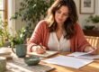 Woman writing notes at a table beside a teal mug and blank papers.