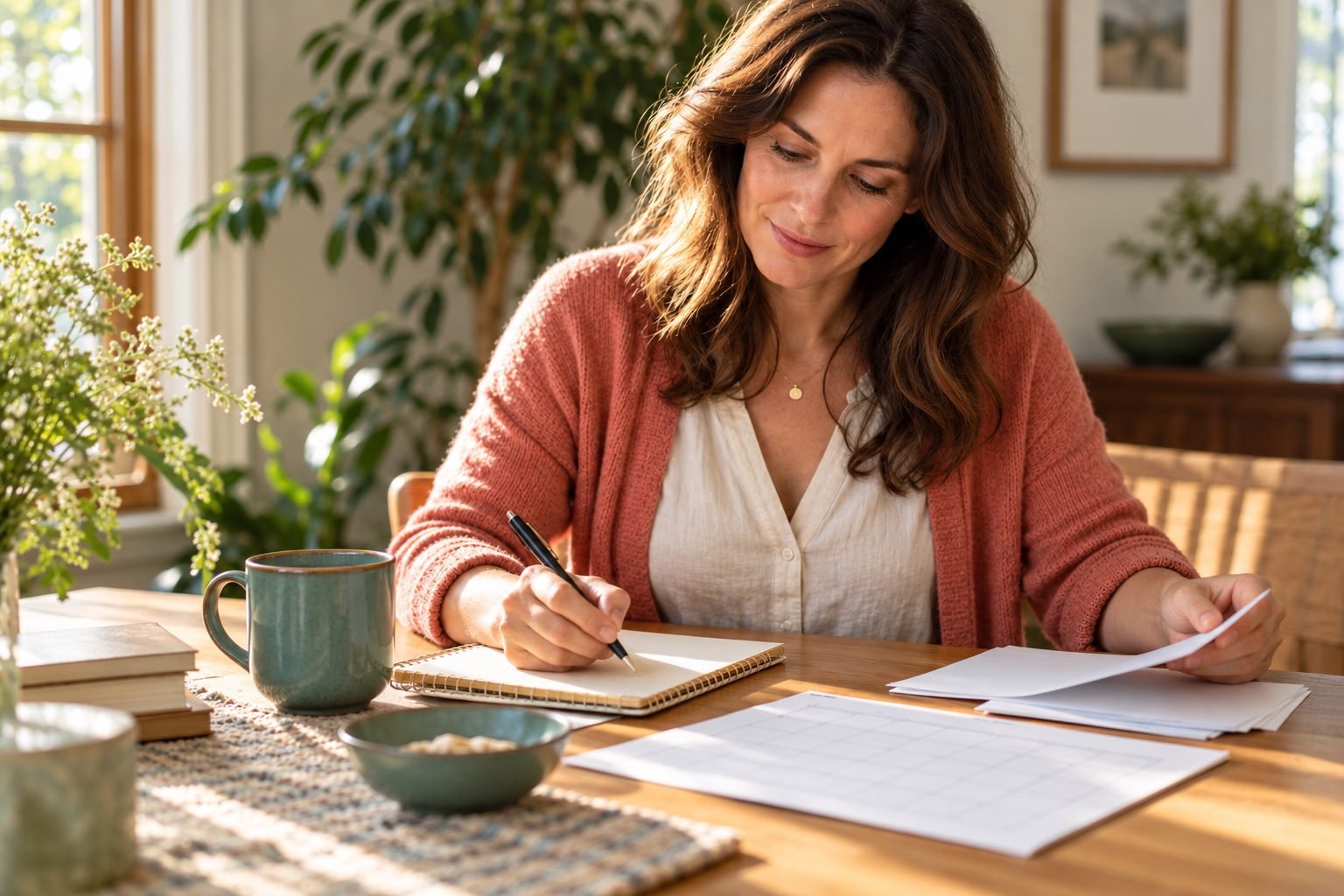 Woman writing notes at a table beside a teal mug and blank papers.