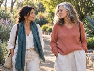 Two friends walking and talking along a garden path.