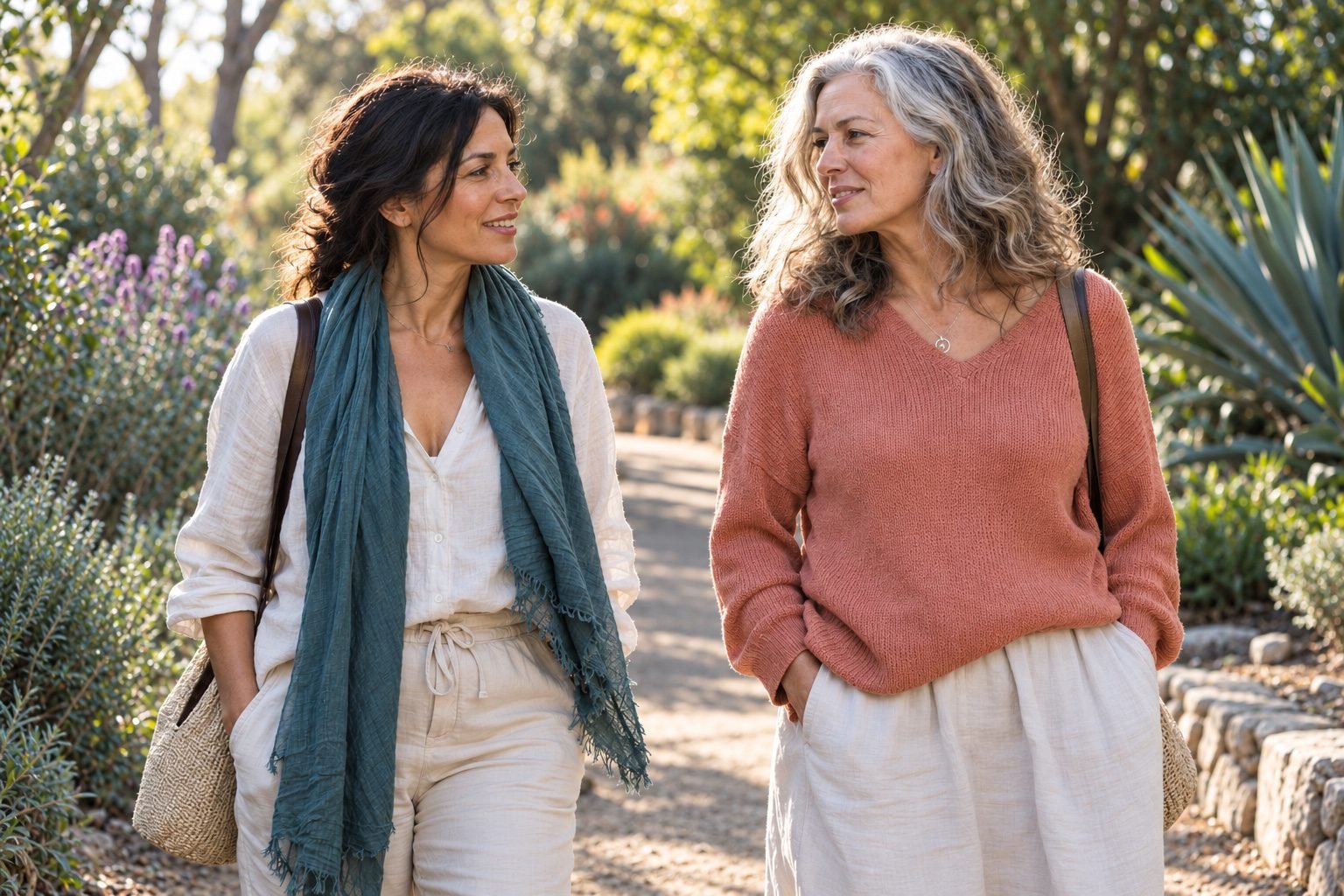 Two friends walking and talking along a garden path.
