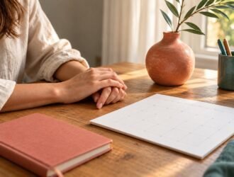 Hands resting on an oak table beside a blank calendar, notebook and coral vase.