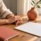 Hands resting on an oak table beside a blank calendar, notebook and coral vase.