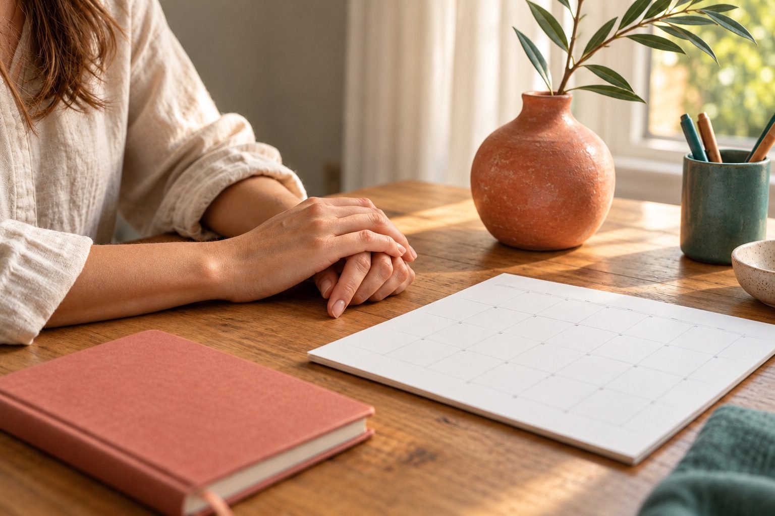 Hands resting on an oak table beside a blank calendar, notebook and coral vase.