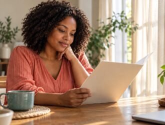 Woman reading an unmarked folder beside a window and teal mug.