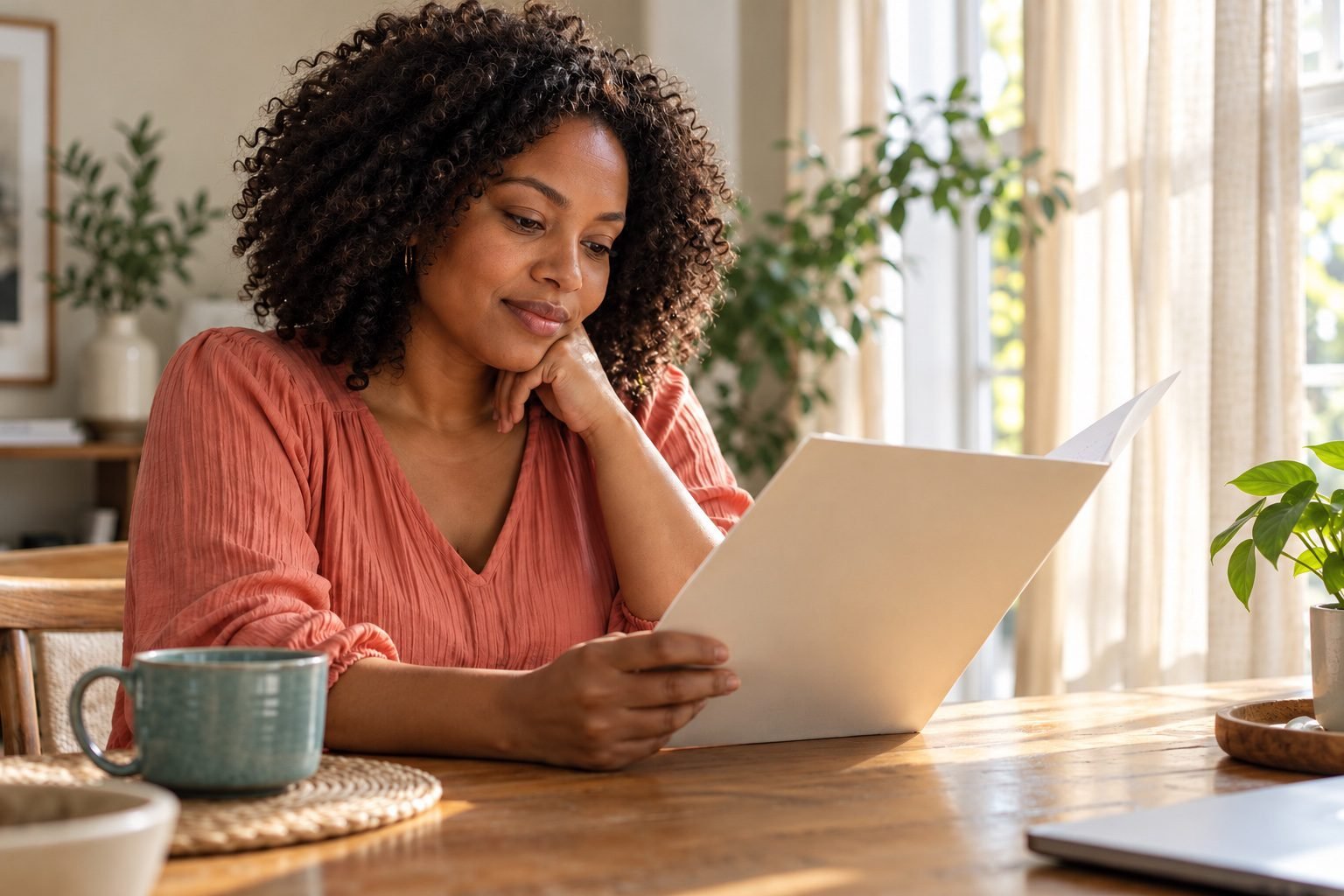 Woman reading an unmarked folder beside a window and teal mug.