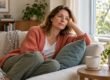 Woman resting on a cream sofa beside a teal cushion and a cup.