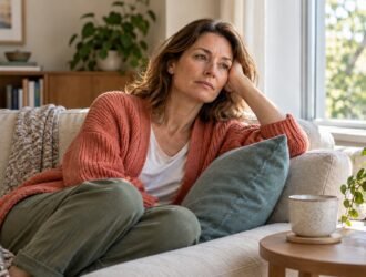 Woman resting on a cream sofa beside a teal cushion and a cup.