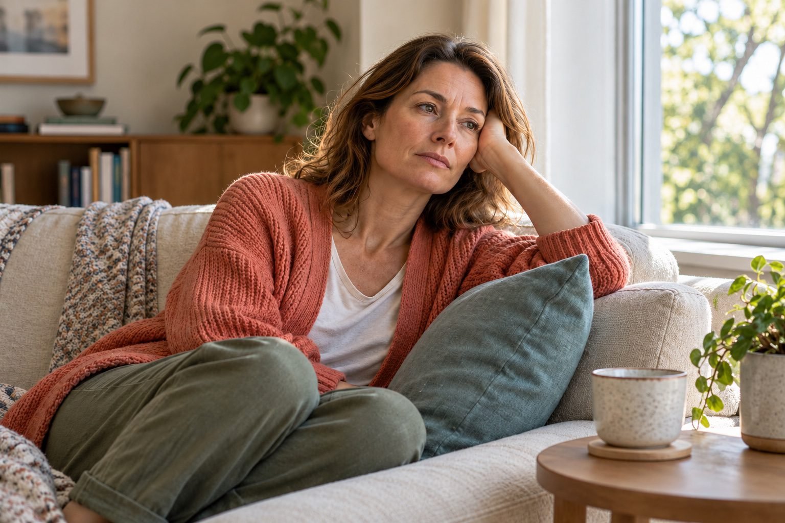 Woman resting on a cream sofa beside a teal cushion and a cup.