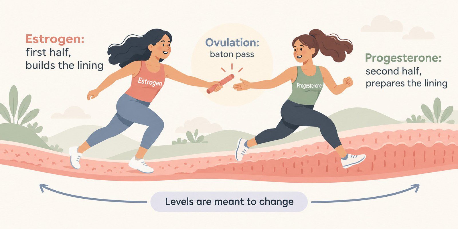 Illustration of estrogen and progesterone as relay runners across the menstrual cycle
