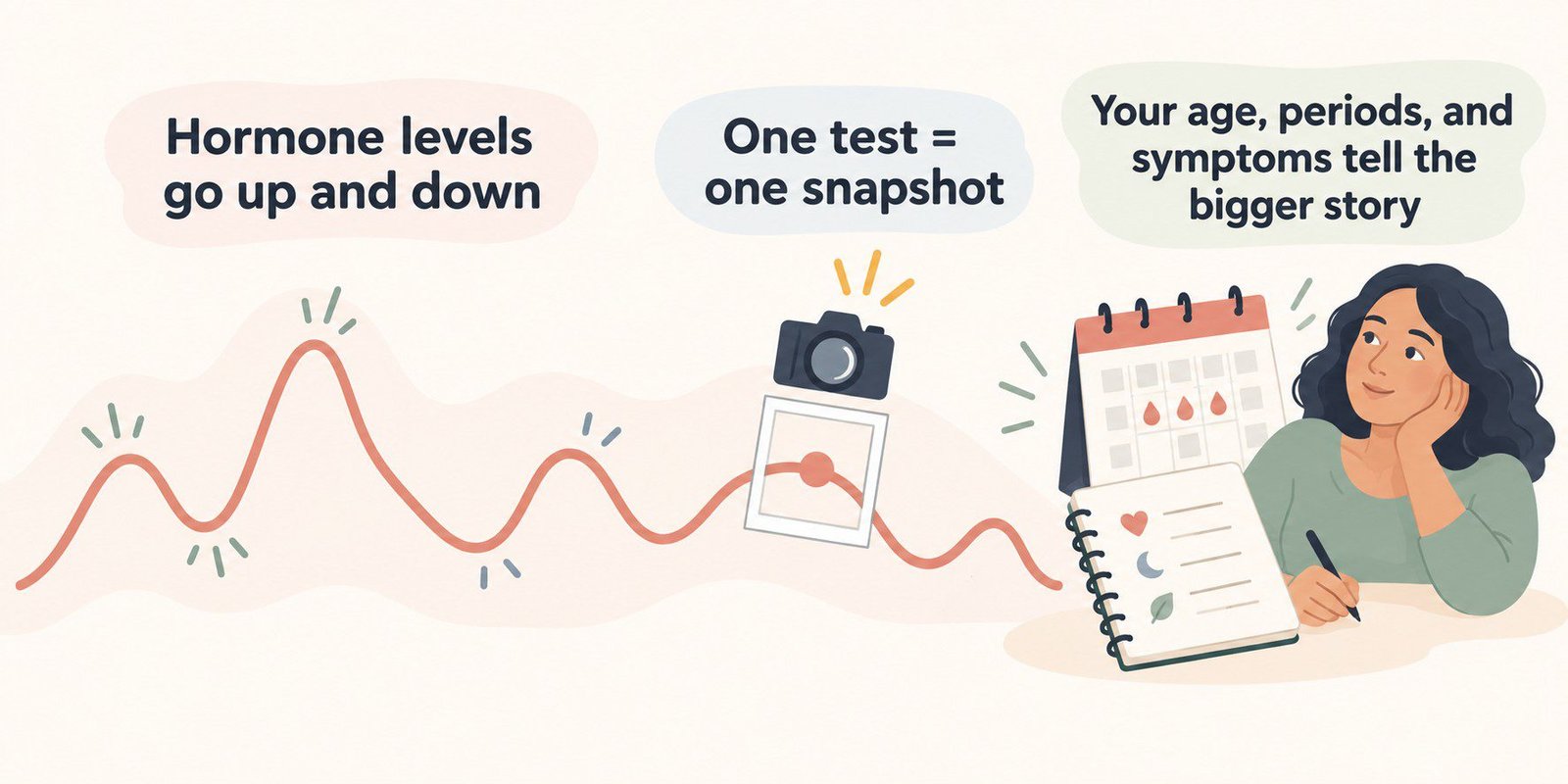 Illustration showing a single hormone test as one snapshot of fluctuating levels
