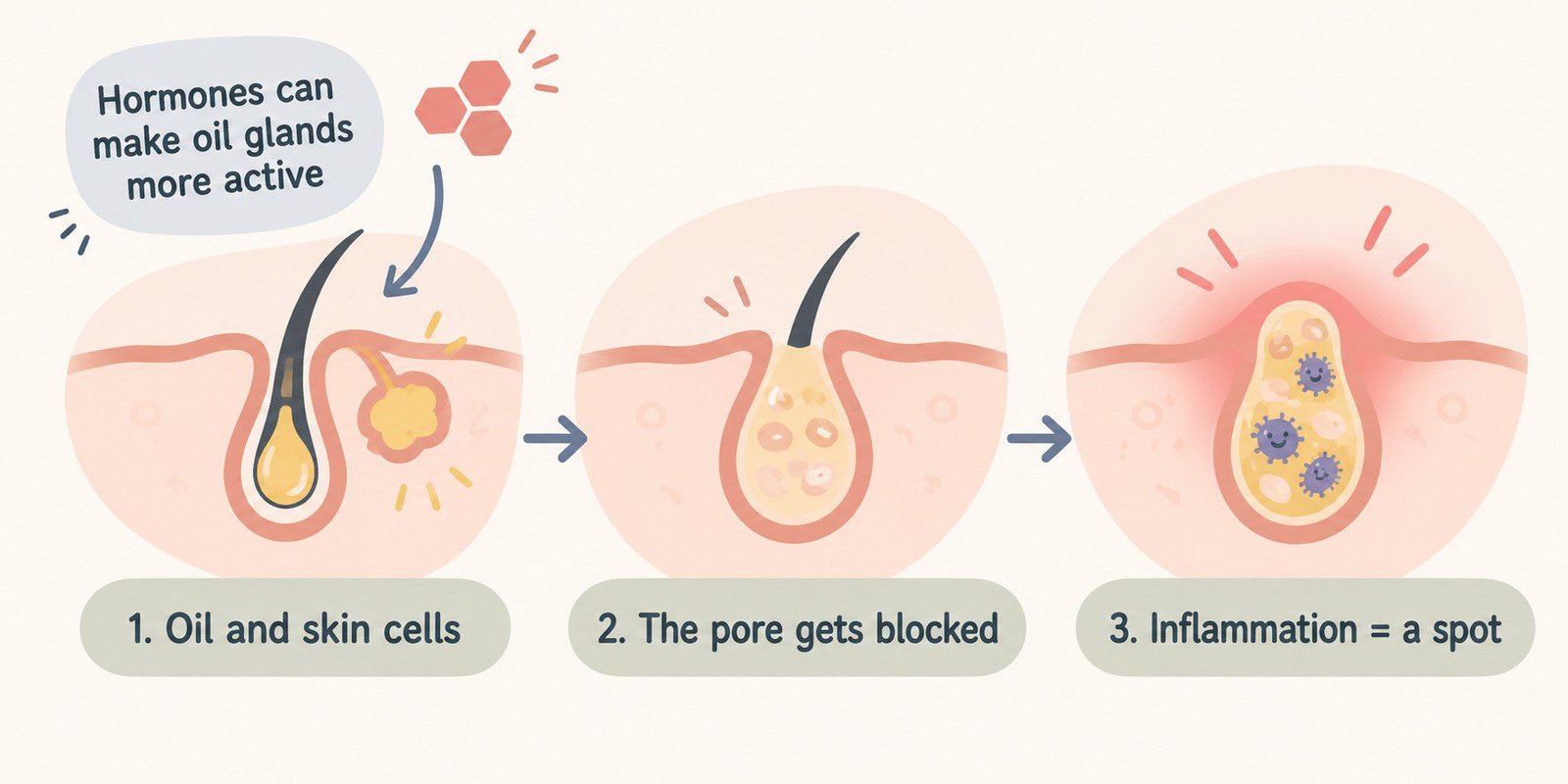 Illustration of how a pimple forms in three steps inside a pore