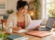 Woman reviewing a paper and making notes at her desk.