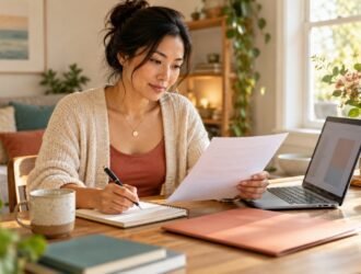 Woman reviewing a paper and making notes at her desk.