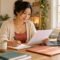 Woman reviewing a paper and making notes at her desk.