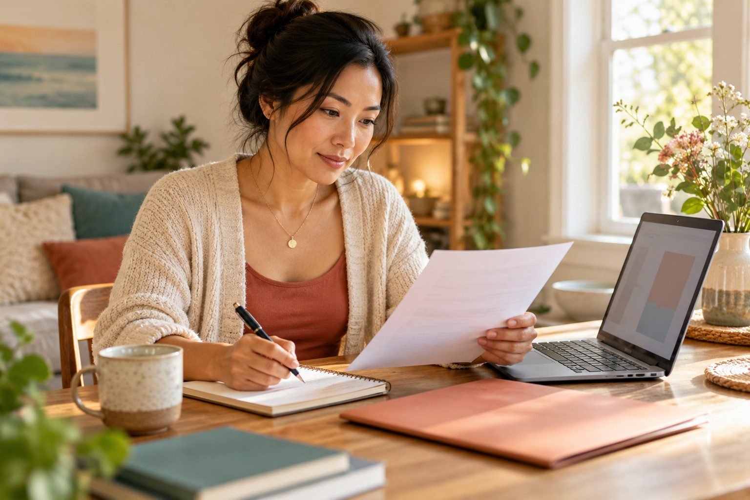 Woman reviewing a paper and making notes at her desk.