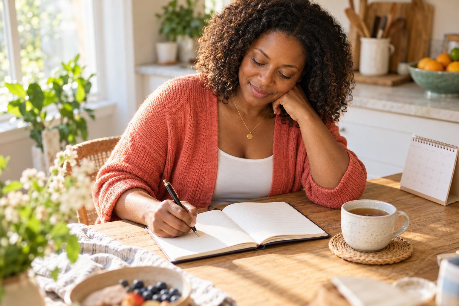 Woman writing in a notebook at a kitchen table in warm daylight.