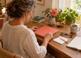 Woman organizing papers and a folder at a table.